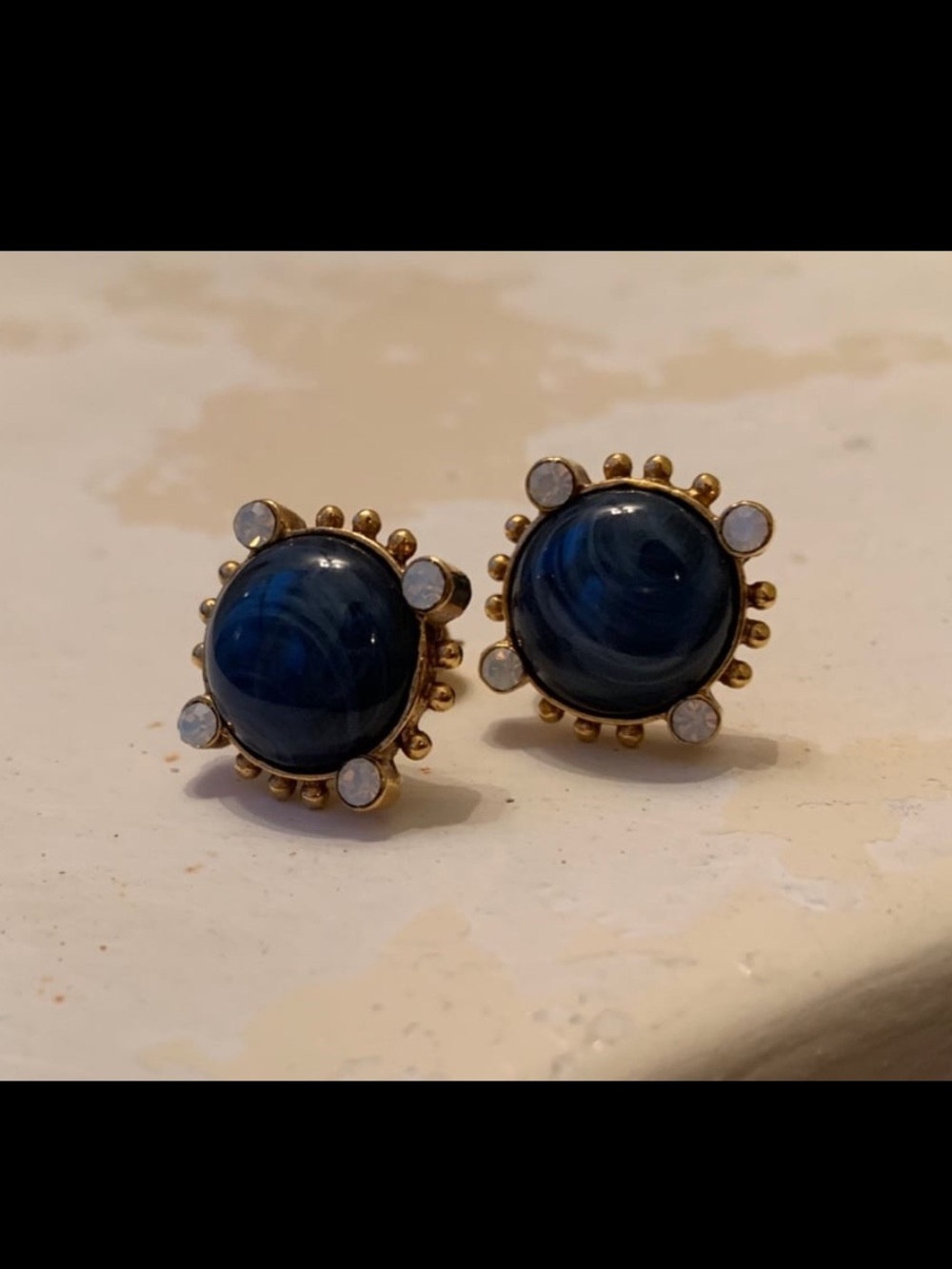 Vintage blue marbled stone & aurora borealis gold tone clip on earrings